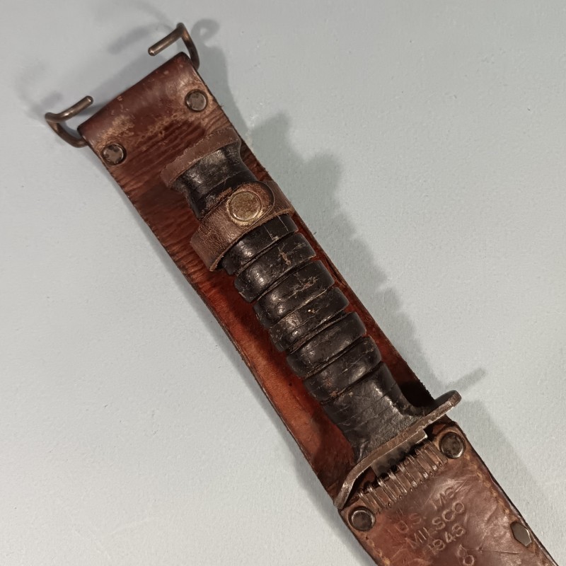 RARE !! COUTEAU DE COMBAT USM3 UTICA MARQUAGE GARDE ET MATRICULE AVEC FOURREAU CUIR USM6 MILSCO 1943